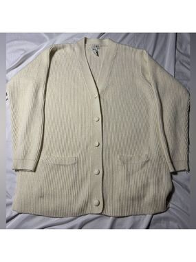 Yarnworks Sweater Cardigan Women Large Ivory Ribbed Slouchy Grandpa Vintage